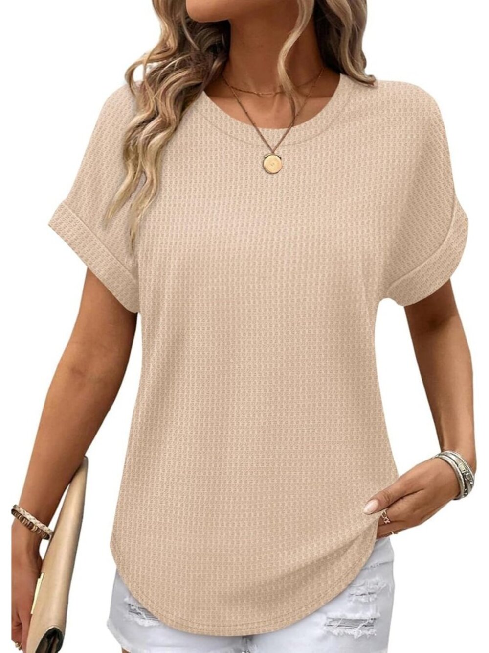 Women's Beige Polyester Blend Short Sleeve V Neck Pull On Henley Shirts